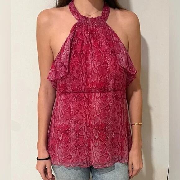 BCBGMAXAZRIA Women's Pink Azaelea Combo Ruffle Silk Halter Top Size Large - Picture 1 of 12